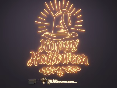 Halloween Neon Lighting Combination With Wizard Hat Happy Halloween And Decorative Leaves 3d model