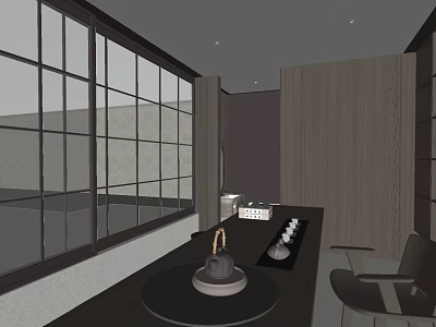 Minimalist Indoor Garden Decor With Large Windows Wooden Walls And Tea Set 3d model