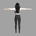 Woman in white shirt black skinny pants with long black hair arms outstretched gray background