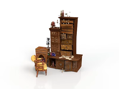 Classic Architectural Interior Space Featuring Brown Cabinets Drawer Chest Chair And Decorative Items 3d model