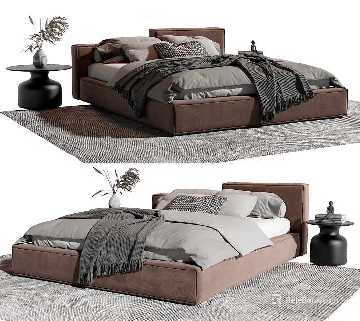 Modern Brown Double Bed with Gray Sheets and Black Nightstands on Patterned Rug 3d model