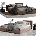 Modern Brown Double Bed with Gray Sheets and Black Nightstands on Patterned Rug 3d model