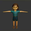 3D Character Girl with Blue Shirt Blue Shorts Red Shoes Arms Outstretched Dark Background