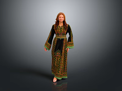 Woman Wearing Traditional Black Dress With Colorful Embroidery And Green Trim 3d model