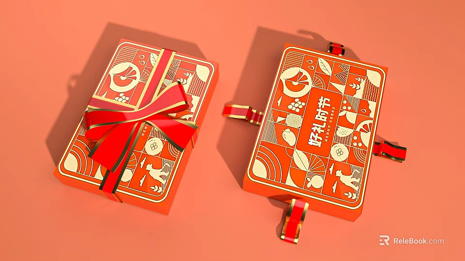 Mid Autumn Festival Themed Gift Boxes With Red Ribbon And Patterns 3d model 