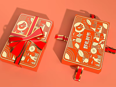 Mid Autumn Festival Themed Gift Boxes With Red Ribbon And Patterns 3d model