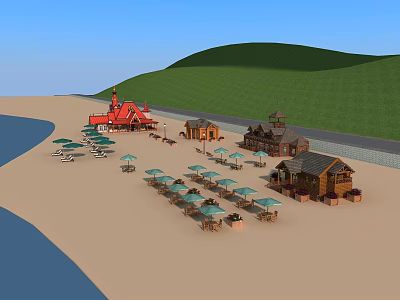 Scenic Coastal Landscape With Sandy Beach Wooden Huts Green Hills And Blue Sky 3d model