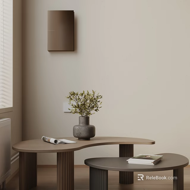 Modern Minimalist Living Room Sofa Coffee Table Set With Olive Plant Vase Magazine And Books 3d model 