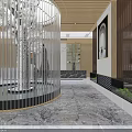 Modern Lobby Interior With Transparent Curtain Structure Marble Flooring And Wooden Ceiling