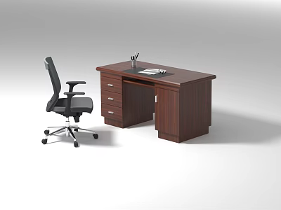 Wooden Office Desk with Black Office Chair and Pens Notebook on Top 3d model