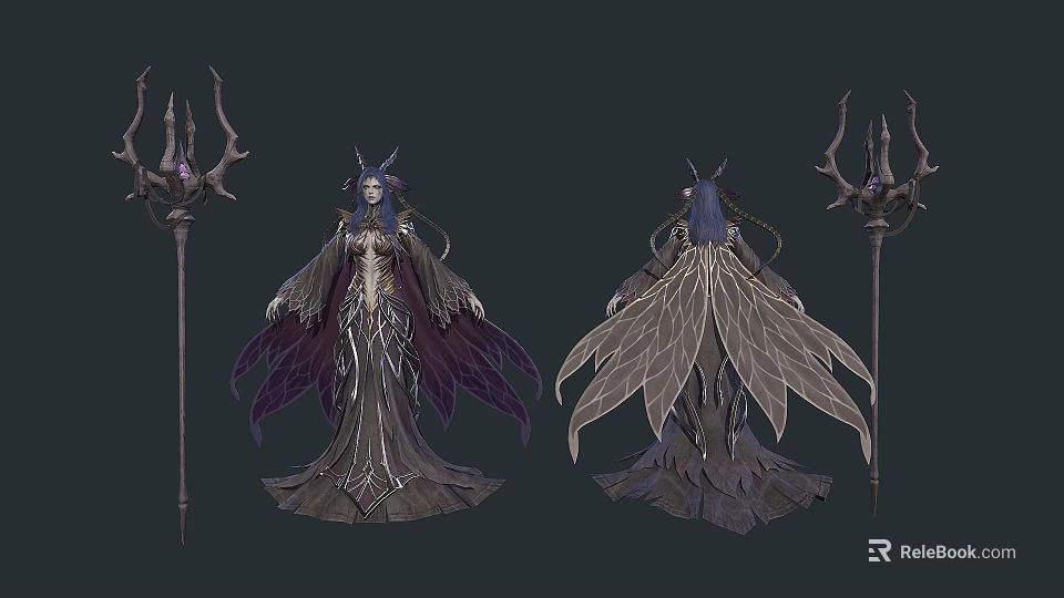 Fantasy Woman Character with Purple and Gray Wings Elegant Robe and Ornate Staff Design 3d model 