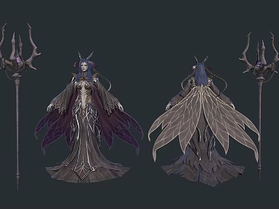 Fantasy Woman Character with Purple and Gray Wings Elegant Robe and Ornate Staff Design 3d model