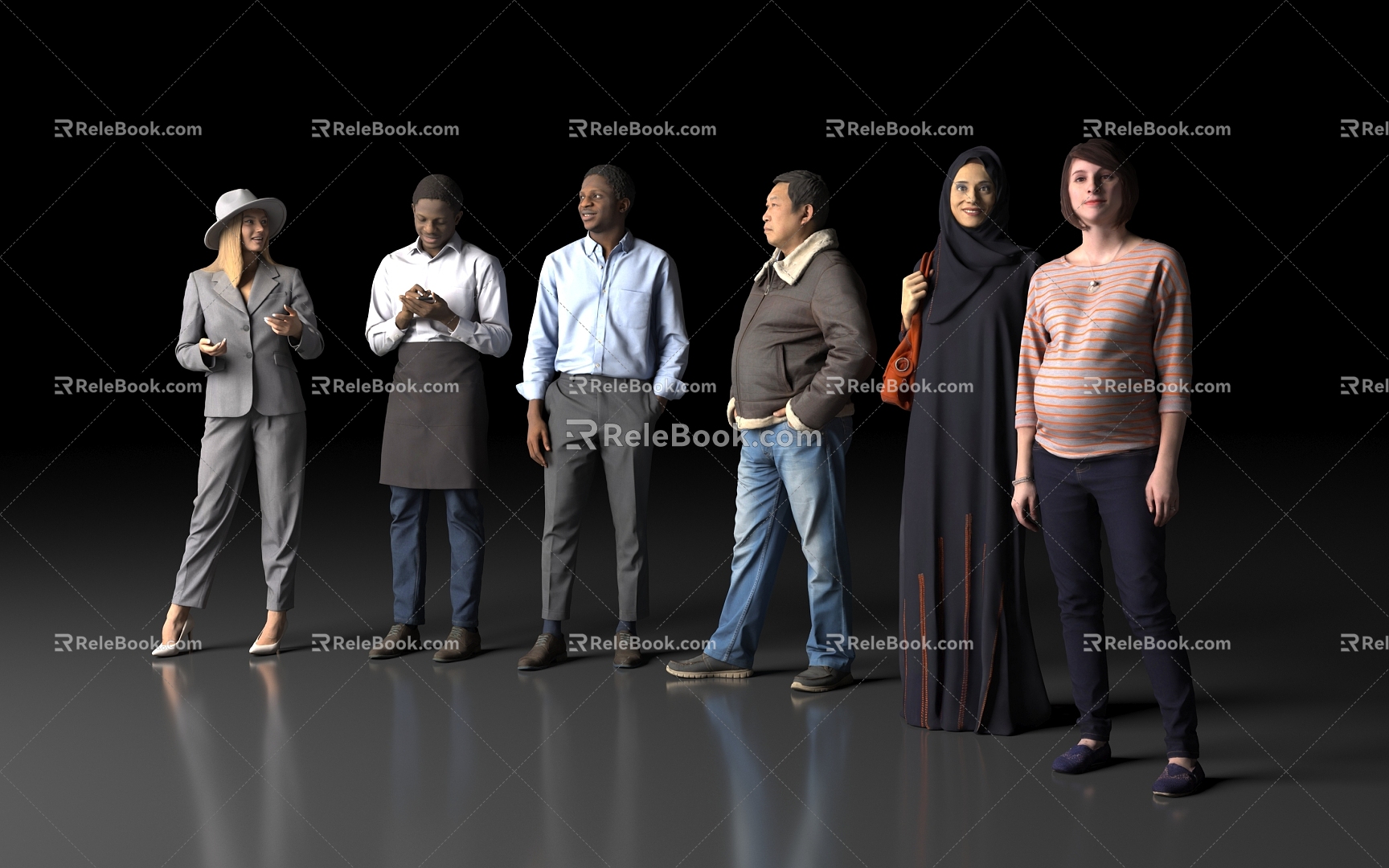 multi-person man woman adult waiter tourist pedestrian professional leisure ethnic asian european african human 3d model