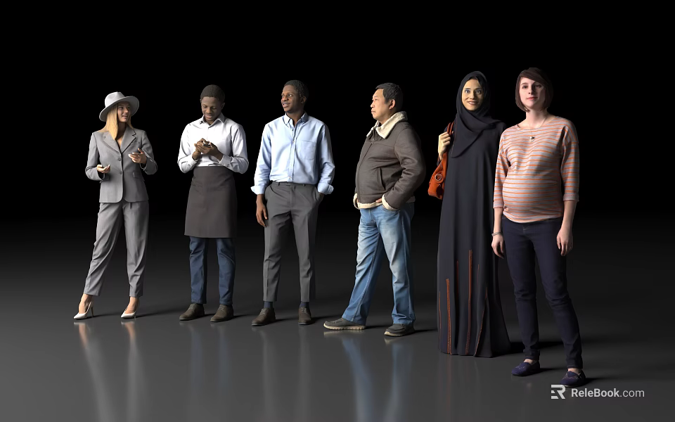 Diverse Group of People Standing Together in Various Attires and Styles 3d model 