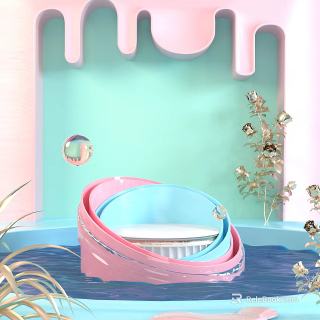 Pink And Blue Circular Decorative Rings With Golden Flowers On Light Green Background 3d model 
