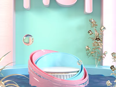 Pink And Blue Circular Decorative Rings With Golden Flowers On Light Green Background 3d model