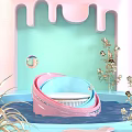 Pink And Blue Circular Decorative Rings With Golden Flowers On Light Green Background