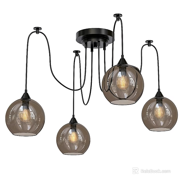 Modern Multiple Glass Globe Chandelier With Black Frame And Filament Bulbs 3d model 