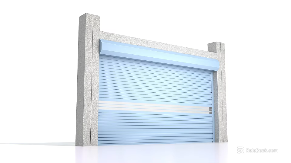 Light Blue Roller Shutter Door With Gray Columns And Top Beam Structure 3d model