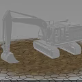 White Excavator 3D Model With Tracks And Bucket On Cracked Stone Ground