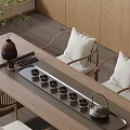 Natural Wooden Tea Set with Teapot and Small Teacups on Long Table with Cushioned Chairs