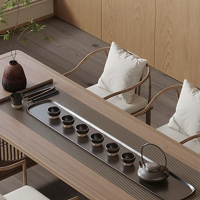 Natural Wooden Tea Set with Teapot and Small Teacups on Long Table with Cushioned Chairs 3d model