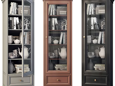 Three Stylish Bookcases In Various Colors With Glass Doors Books And Decorative Items 3d model