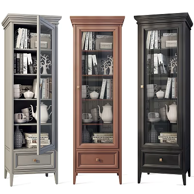 Three Stylish Bookcases In Various Colors With Glass Doors Books And Decorative Items 3d model