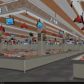 Modern Supermarket Grocery Section With Fresh Produce Counters Ceiling Screens And Bright Design