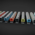 Colorful Model Train Cars in Various Colors Parked on Tracks with Windows