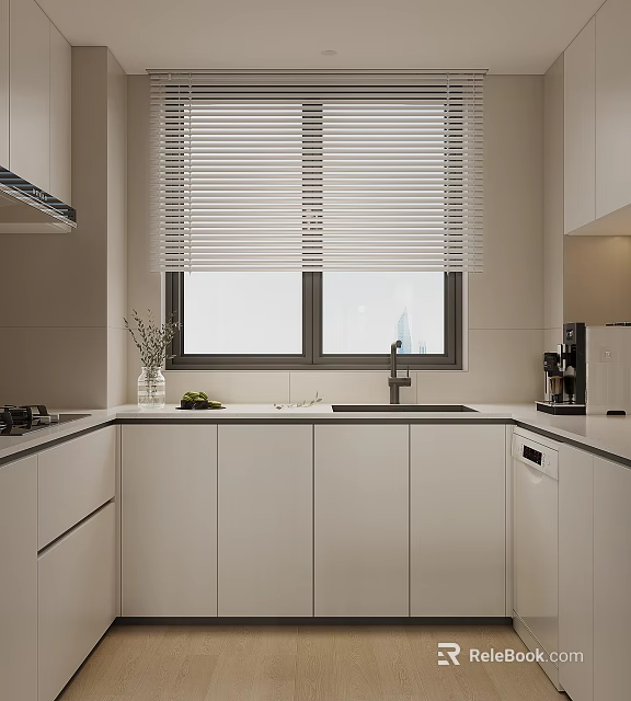 Modern Kitchen Interior With White Cabinets Window Blinds Countertop Sink Coffee Machine And Green Plants 3d model 