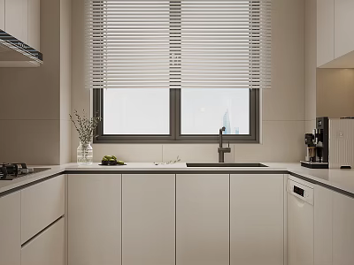 Modern Kitchen Interior With White Cabinets Window Blinds Countertop Sink Coffee Machine And Green Plants 3d model