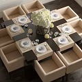 Elegant Dining Table Set with Beige Upholstered Chairs White Flower Vase and Wine Glasses