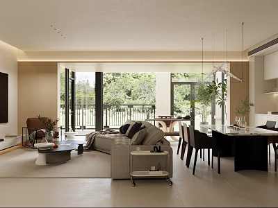 Modern Dining and Living Room Interior Open Layout With Sofa Dining Table Chairs Pendant Lights 3d model