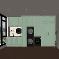 Stylish Laundry Room Interior With Green Cabinets Washing Machine Dryer And Sink