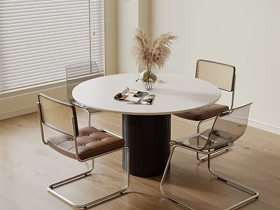 Round White Dining Table With Black Cylindrical Base Transparent Frame Chairs Brown Seats Dried Flower 3d model