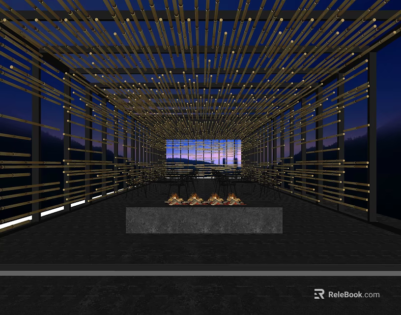 Bamboo Themed Restaurant Interior With Ceiling Strips Lighting Stone Countertop And Night View 3d model 