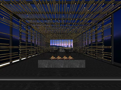 Bamboo Themed Restaurant Interior With Ceiling Strips Lighting Stone Countertop And Night View 3d model