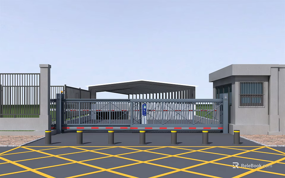 Modern Entrance Gate Featuring Automatic Barrier Security Booth And Yellow Grid Ground 3d model 