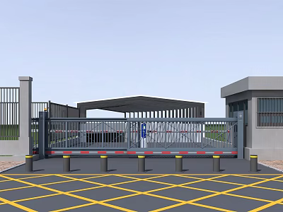 Modern Entrance Gate Featuring Automatic Barrier Security Booth And Yellow Grid Ground 3d model