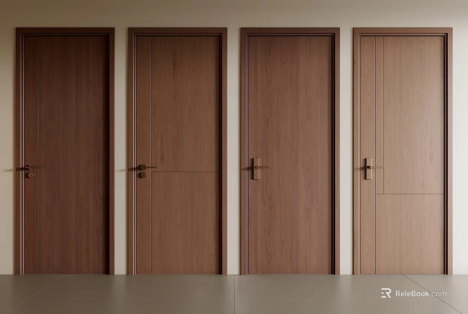 Modern Wooden Hinged Doors With Minimalist Panel Designs And Brass Handles 3d model 
