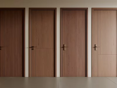 Modern Wooden Hinged Doors With Minimalist Panel Designs And Brass Handles 3d model