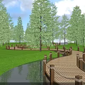 Scenic Wooden Boardwalk Path With Railings Surrounded By Green Trees Grassland And Calm Water