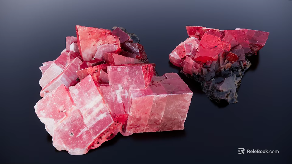 Vibrant Red Pink Rockery Stones With Crystal Structure And Shiny Surface On Black Background 3d model 