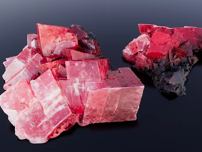 Vibrant Red Pink Rockery Stones With Crystal Structure And Shiny Surface On Black Background 3d model