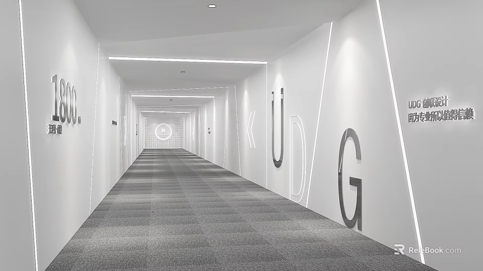 Modern Office Corridor With White Walls Gray Carpet Linear Lighting And Letter Decorations 3d model 