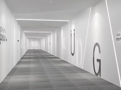 Modern Office Corridor With White Walls Gray Carpet Linear Lighting And Letter Decorations 3d model