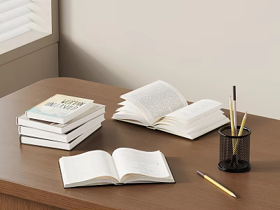 Open and Stacked Books on Wooden Table with Pen Holder and Pens 3d model