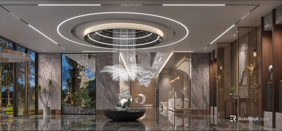 Elegant Modern Hotel Lobby With Round Chandelier Marble Walls Water Feature Glass Wall And Greenery 3d model 