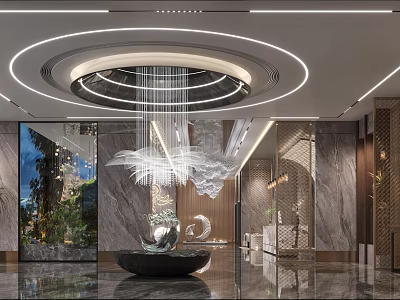 Elegant Modern Hotel Lobby With Round Chandelier Marble Walls Water Feature Glass Wall And Greenery 3d model